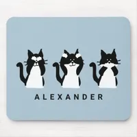 Black White Cats | Three Wise Kitties Light Blue Mouse Pad