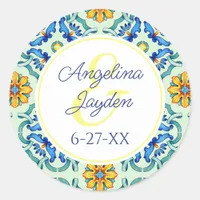 Mediterranean Tile Blue and Yellow Summer Wedding Classic Round Sticker