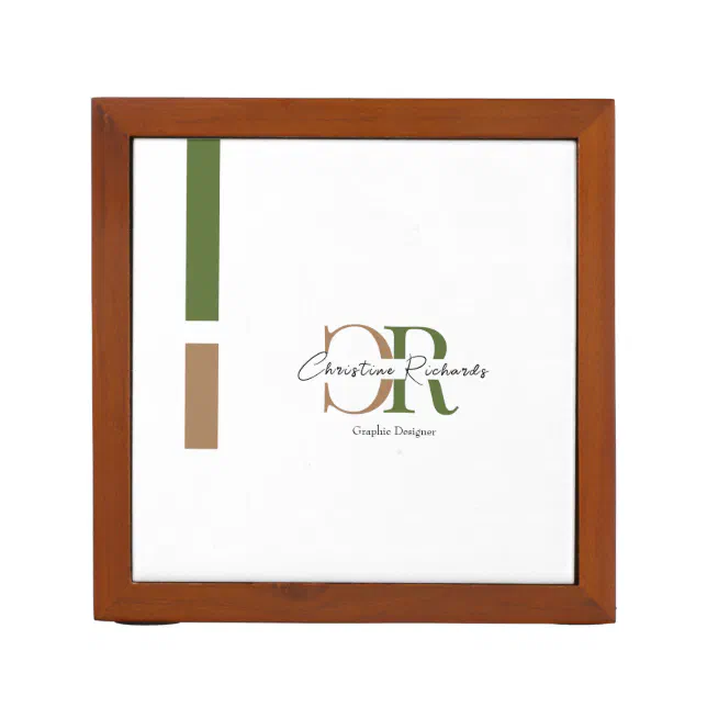 Olive Green Gold Monogram Simple Modern Desk Organizer