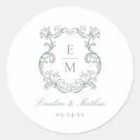 Sage Green Vintage Baroque Monogram Crest Wedding Classic Round Sticker