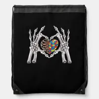 Autism Skull Hand Puzzle Piece Heart Creative Drawstring Bag