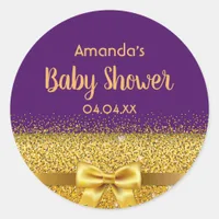 Baby Shower elegant violet purple with golden bow Classic Round Sticker