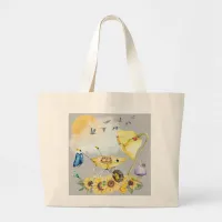 Cute Watercolor Cottagecore Yellow on grey | Large Tote Bag