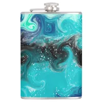 Personalized Teal Blue and Black Fluid Art Marble  Flask