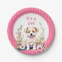 Puppy Dog in Flowers Girl's Baby Shower Its a Girl Paper Plates