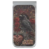 Dark Gothic Beauty Red Roses Black Crow Raven Bird Silver Finish Money Clip