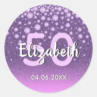 50th birthday party purple pink glitter diamonds classic round sticker