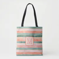 Wide Watercolor Stripes Peach Color Block Monogram Tote Bag