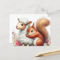 Cute Squirrel Hugs a Sheep Postcard