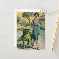 A retro woman walks her pet tiny Dino Postcard
