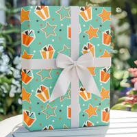 Orange Blue Birthday Gift Stars Pattern Wrapping Paper