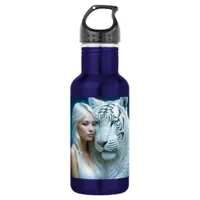 Mystical White Tiger and Woman Personalized Stainless Steel Water Bottle