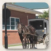 Stopped for a Spell, An Amiish Horse at stop sign Beverage Coaster