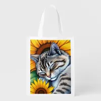 Sweet Napping Gray Cat and Sunflower Grocery Bag