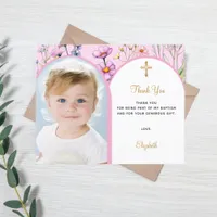 Pink photo arch floral girl Baptism Thank You card