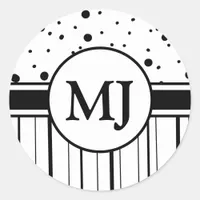 Monogrammed Black White Polka Dots and Stripes  Classic Round Sticker