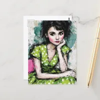 Woman in a Green and White Polka Dot Dress Postcard