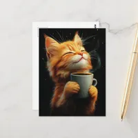 Adorable Ginger Kitty With a Coffee Postcard