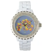 Bright Orange Flowers - Blue Grey - Monogram Watch