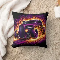 Hot rod racing through fiery smoke at sunset throw pillow