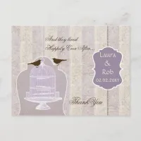 Chic purple bird cage, love birds Thank You Postcard