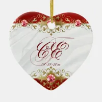 Elegant Red White Gold Monogram Wedding Ceramic Ornament