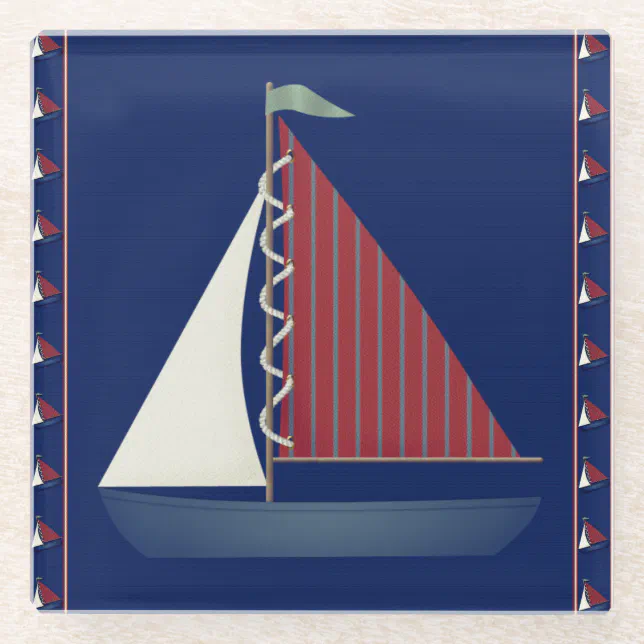 Cute Blue Toy Sailboat Glass Coaster