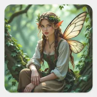 Pretty Elven Fairy in Enchanted Forest Square Sticker