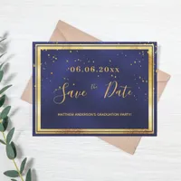 Graduation Party dark blue gold save the date Postcard