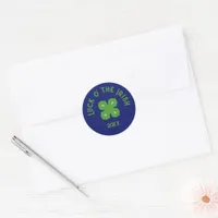 Lucky Charm Abstract 4-Leaf Clover on Blue Classic Round Sticker