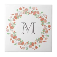 coral roses wreath monogram ceramic tile