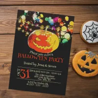 Colorful String Lights Grinning Pumpkin Halloween  Invitation