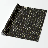 Modern Black Gold Shimmer Stars Moons Birthday Wrapping Paper