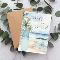 Baby on Board surfboard blue boy beach Baby Shower Invitation