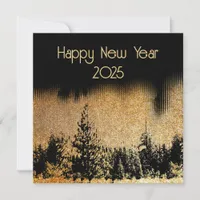 Happy new year 2025 pine trees silhouettes on gold