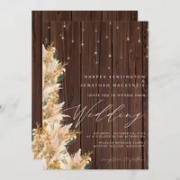 Boho Pampas Grass Twinkle Lights Wood Wedding Invitation