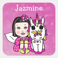 Personalized Asian Fairy and Unicorn Heart Shaped Square Sticker