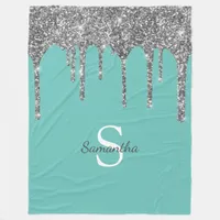 Silver Glitter Drips Light Teal Monogram Name Fleece Blanket
