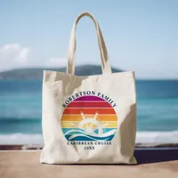 Retro Sunset Family Cruise Ship Wheel Nautical Tote Bag