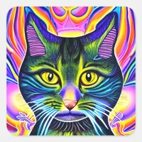 Crazy Cool Eyed Spiritual Colorful Cat   Square Sticker