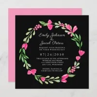 Pink Flower Wreath Elegant Floral Wedding Black Announcement