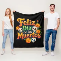 Colorful Day of the Dead Candy Skulls Marigolds Fleece Blanket