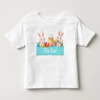 Cute baby boy Easter Bunny Chick blue plaid name Toddler T-shirt