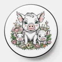 Cute Mama Pigs and Piglets in Flowers PopSocket