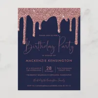 Navy Blue Rose Gold Sparkle Glitter Drips Birthday Postcard