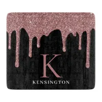 Black Rose Gold Sparkle Glitter Drips Monogram Cutting Board