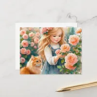 Adorable Girl Picking Roses with Ginger Cat Postcard