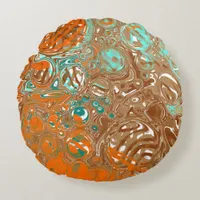 Orange, Brown, Teal and Turquoise Abstract Art     Round Pillow