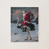 Funny Santa and Ostrich Christmas Snow Jigsaw Puzzle