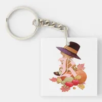 Vintage Pilgrim Boy Praying on Pumpkin Keychain